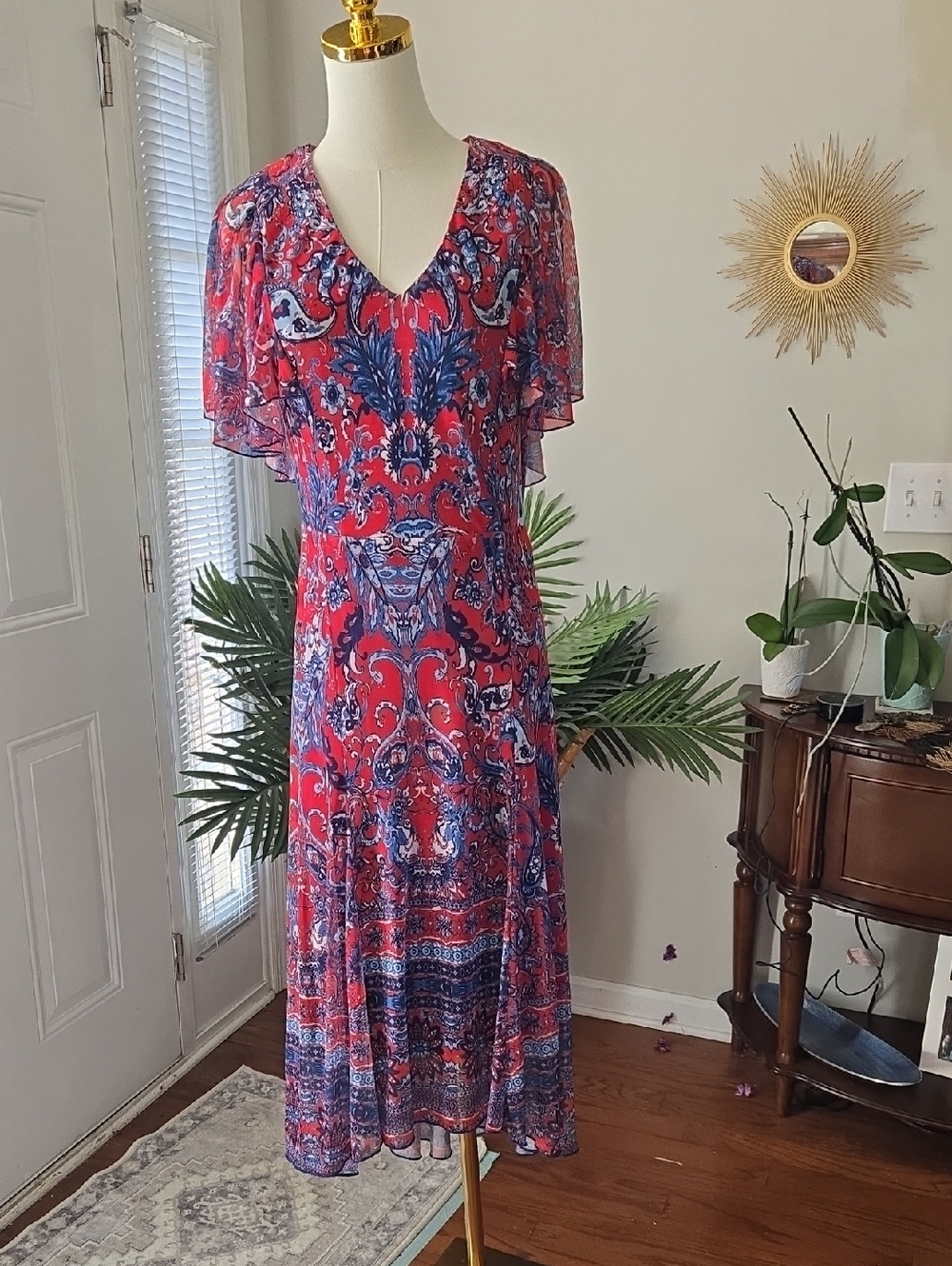 Reba Red and Blue Paisley V-Neck Maxi Dress